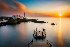 un' molo con un' faro a tramonto. ai-generato foto