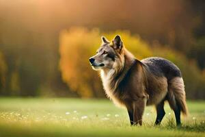 un' cane in piedi nel il erba a tramonto. ai-generato foto