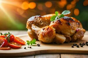 un' pollo su un' di legno taglio tavola con pomodori e erbe aromatiche. ai-generato foto