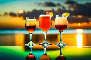 tre bicchieri di cocktail su un' tavolo con tramonto nel il sfondo. ai-generato foto