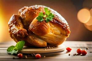 un' arrostito pollo su un' di legno tavolo con erbe aromatiche e spezie. ai-generato foto