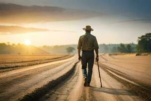 un' uomo a piedi attraverso un' sporco strada a tramonto. ai-generato foto