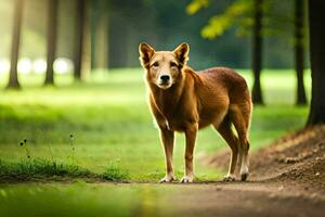 un' cane in piedi su un' sporco strada nel il mezzo di un' foresta. ai-generato foto