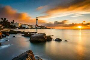 il faro a tramonto nel il oceano. ai-generato foto