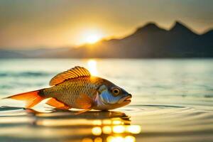 un' pesce è in piedi su il acqua a tramonto. ai-generato foto