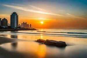 il sole imposta al di sopra di il spiaggia e edifici nel dubai. ai-generato foto