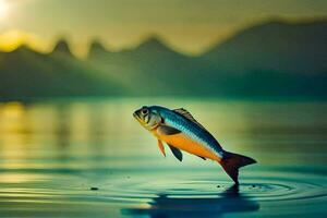 un' pesce salto su di il acqua a tramonto. ai-generato foto