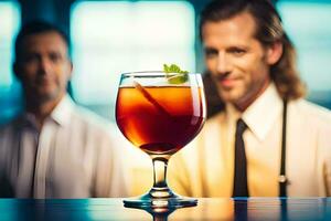 un' uomo è dietro a un' bar con un' bicchiere di bere. ai-generato foto