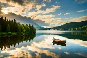 un' barca è galleggiante su un' lago nel il mezzo di un' foresta. ai-generato foto