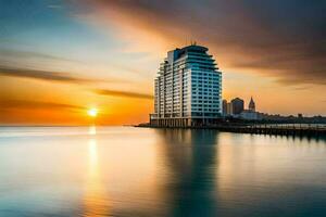 un' edificio si siede su il acqua a tramonto. ai-generato foto