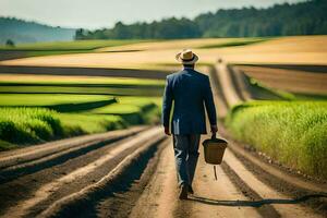 un' uomo nel un' completo da uomo passeggiate giù un' sporco strada. ai-generato foto