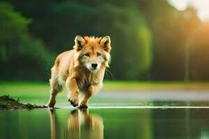 un' cane a piedi attraverso un' stagno nel il luce del sole. ai-generato foto