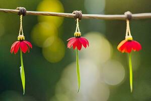 tre rosso fiori sospeso a partire dal un' filo. ai-generato foto