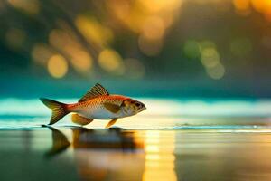 un' pesce è in piedi su il acqua a tramonto. ai-generato foto