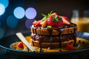 un' pila di Pancakes con fragole e sciroppo. ai-generato foto