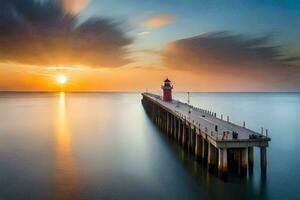 un' lungo esposizione fotografia di un' faro a tramonto. ai-generato foto