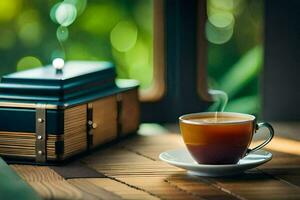 un' tazza di tè su un' di legno tavolo con un' di legno scatola. ai-generato foto