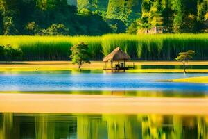 un' piccolo capanna si siede su il riva di un' lago. ai-generato foto