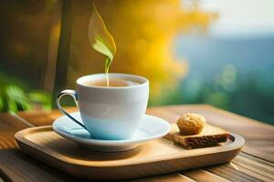 un' tazza di tè su un' di legno tavolo. ai-generato foto