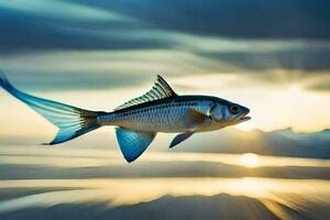 un' pesce è volante attraverso il aria a tramonto. ai-generato foto