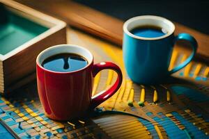 Due caffè tazze su un' tavolo con un' di legno scatola. ai-generato foto