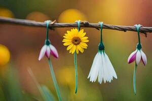 tre fiori sospeso a partire dal un' ramo. ai-generato foto