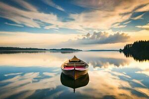 un' barca è galleggiante su un' calma lago. ai-generato foto