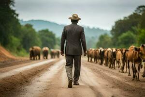 un' uomo nel un' completo da uomo passeggiate giù un' sporco strada con mucche. ai-generato foto