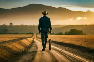 un' uomo a piedi su un' strada con un' valigia. ai-generato foto