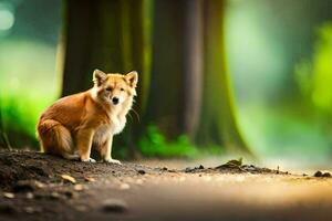 un' cane seduta su il terra nel il foresta. ai-generato foto