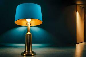 un' tavolo lampada con un' blu ombra su esso. ai-generato foto