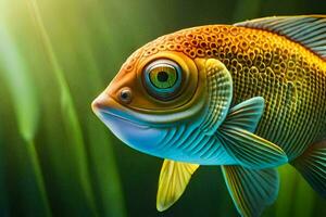 un' pesce con grande occhi e un' verde sfondo. ai-generato foto