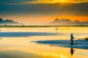 un' uomo è in piedi su il riva di un' fiume a tramonto. ai-generato foto