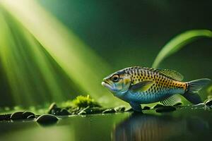 un' pesce è in piedi su il acqua con luce del sole splendente. ai-generato foto