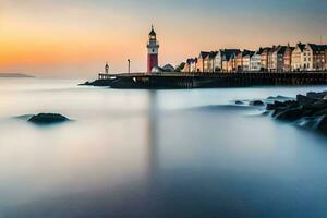 un' lungo esposizione fotografia di un' faro a tramonto. ai-generato foto