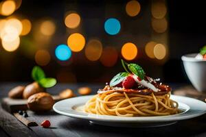 spaghetti con carne e formaggio su un' piatto. ai-generato foto