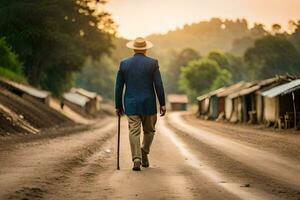 un' uomo nel un' completo da uomo e cappello passeggiate giù un' sporco strada. ai-generato foto