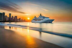 un' crociera nave nel il oceano a tramonto. ai-generato foto