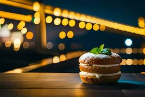 un' Pasticcino su un' tavolo nel davanti di un' ponte. ai-generato foto