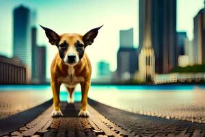 un' cane in piedi su un' strada nel davanti di un' città. ai-generato foto