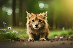 un' Leone cucciolo nel il foresta. ai-generato foto