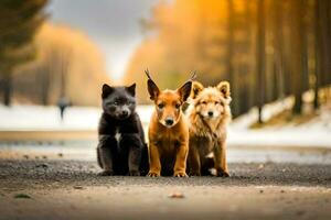 tre cani in piedi su il strada nel il boschi. ai-generato foto