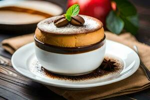 cioccolato mousse nel un' bianca tazza su un' di legno tavolo. ai-generato foto