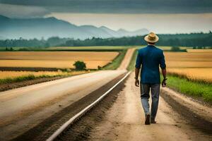 un' uomo nel un' cappello passeggiate giù un' strada. ai-generato foto