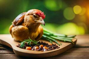 un' pollo è seduta su un' di legno taglio tavola con cibo. ai-generato foto