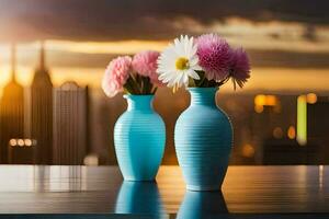Due blu vasi con fiori su un' tavolo nel davanti di un' città orizzonte. ai-generato foto