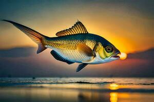 un' pesce è volante al di sopra di il acqua a tramonto. ai-generato foto