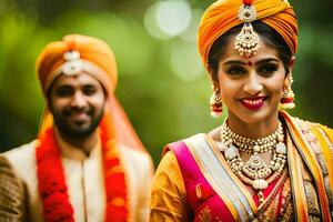 un' bellissimo indiano sposa e sposo. ai-generato foto