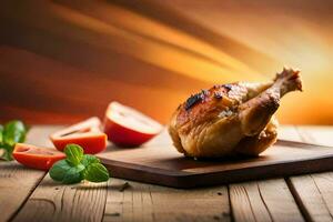 un' pollo su un' taglio tavola con pomodori e erbe aromatiche. ai-generato foto