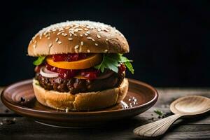 un' Hamburger con verdure e un' di legno cucchiaio. ai-generato foto